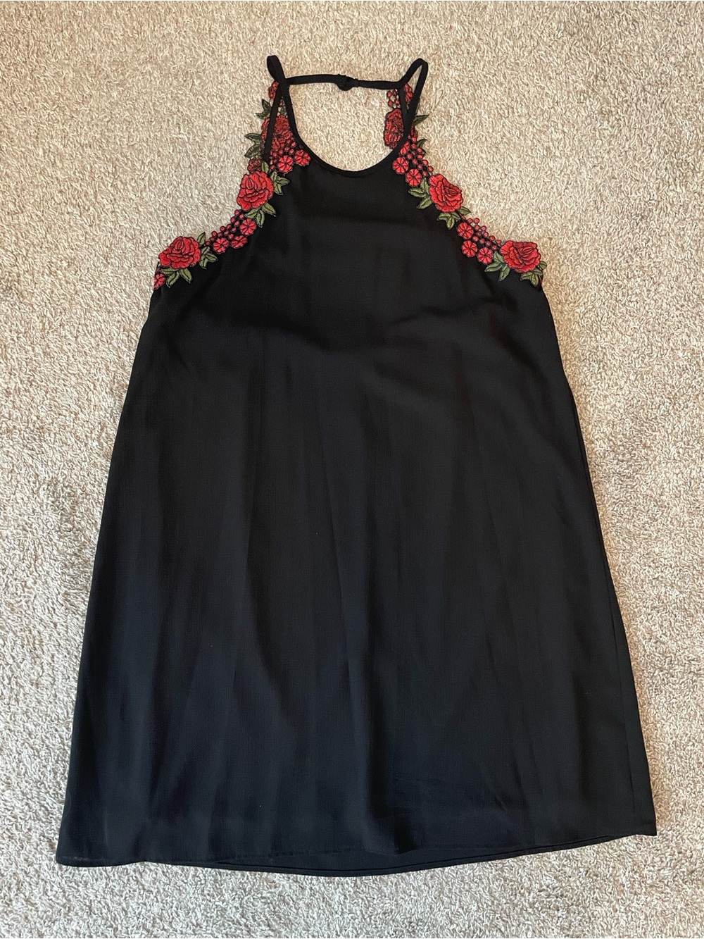 Black Mini Dress with Red Rose Embroidery